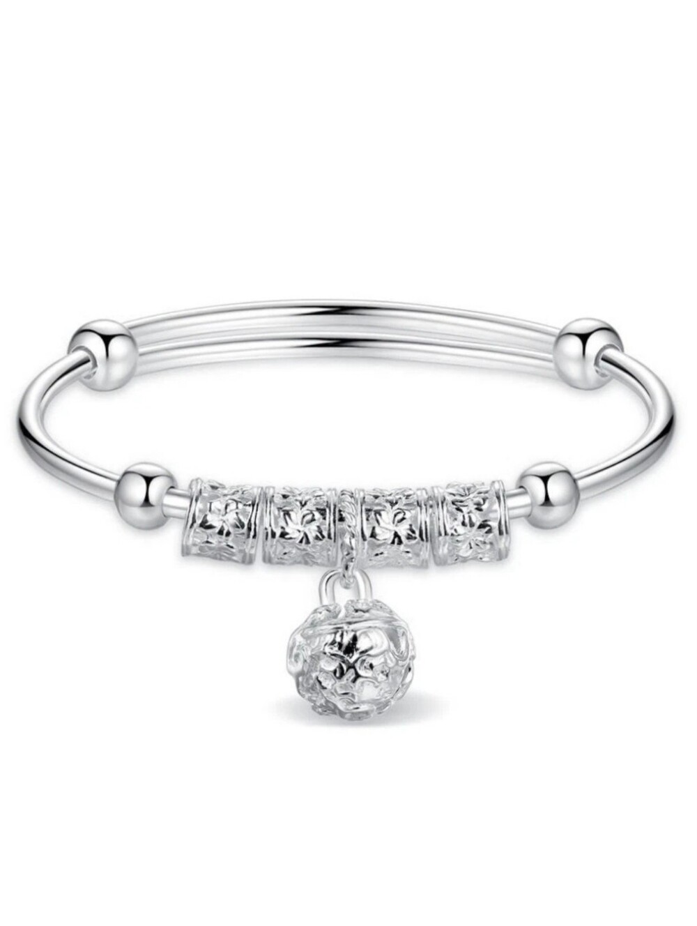 Silver Bell Beaded Elegant Dainty Adjustable Bangle Bracelet Jingle Bells Ball